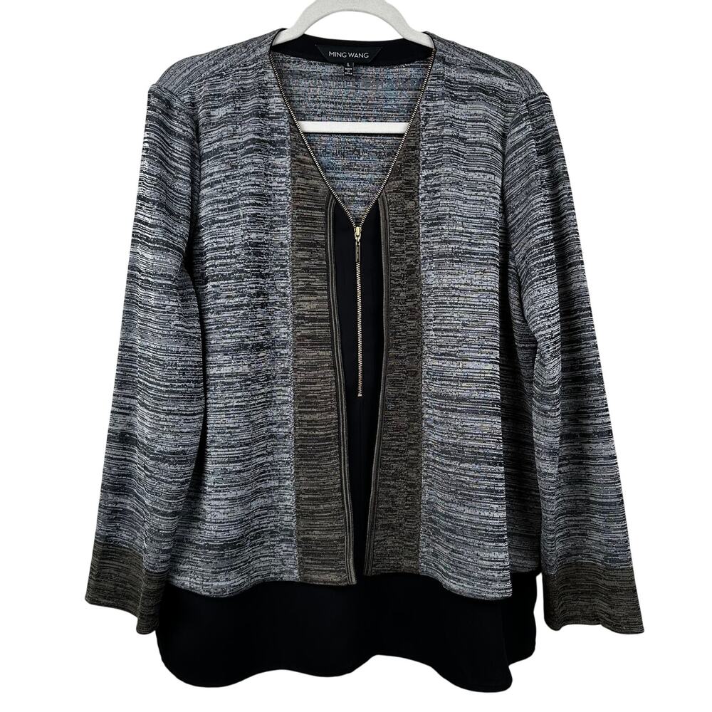 Ming Wang Knit Cardigan Sweater Set Top Attached Gray Black Brown Trim Women's L